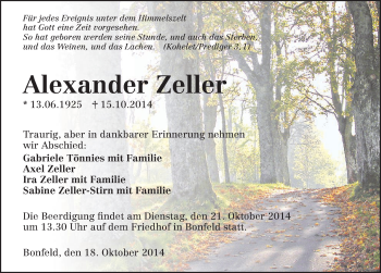 Traueranzeige von Alexander Zeller 