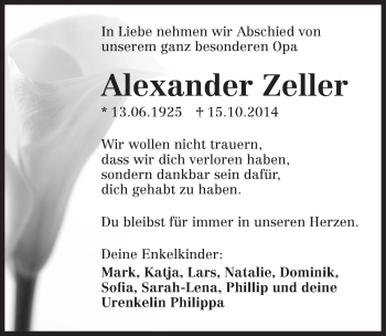 Traueranzeige von Alexander Zeller 