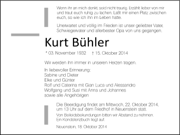 Traueranzeige von Kurt Bühler 