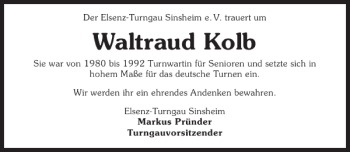 Traueranzeige von DerElsenz-TurngauSinsheime.V.trauertumWaltraudKolb Sie 