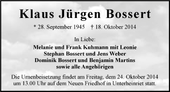 Traueranzeige von Klaus Bossert 