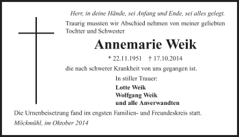 Traueranzeige von Annemarie Weik 