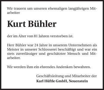 Traueranzeige von Kurt Bühler 