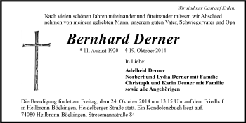 Traueranzeige von Bernhard Derner 