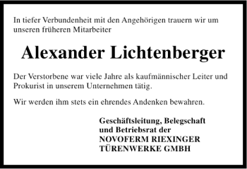 Traueranzeige von Alexander Lichtenberger 