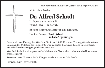 Traueranzeige von Alfred Schadt 