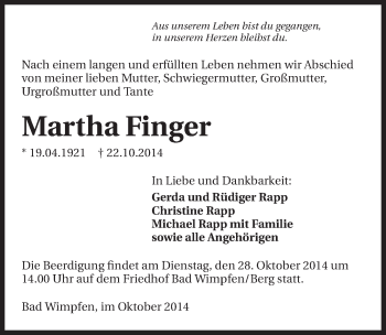 Traueranzeige von Martha Finger 