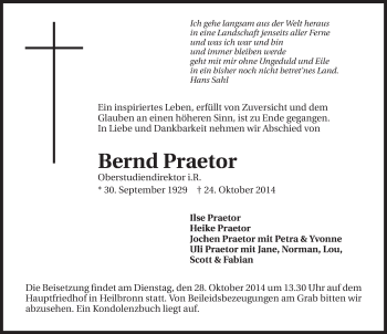 Traueranzeige von Bernd Praetor 