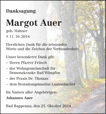 Traueranzeige von Margot Auer 