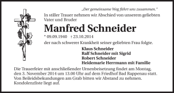 Traueranzeige von Manfred Schneider 