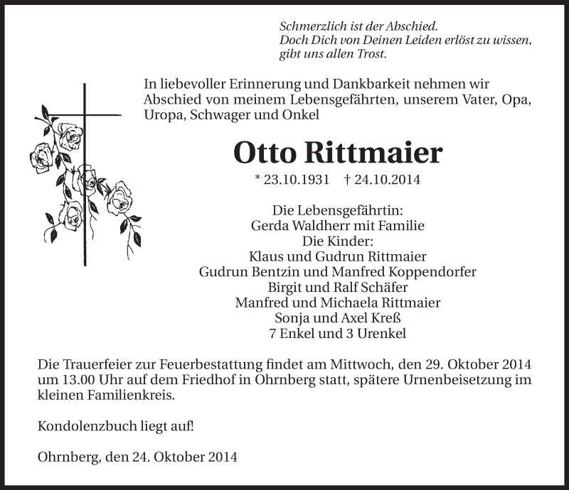  Traueranzeige für Otto Rittmaier vom 27.10.2014 aus 