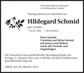 Traueranzeige von Hildegard Schmid 