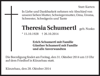 Traueranzeige von Theresia Schumertl 