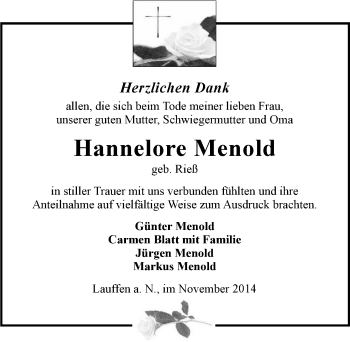 Traueranzeige von Hannelore Menold 