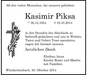 Traueranzeige von Kasimir Piksa 