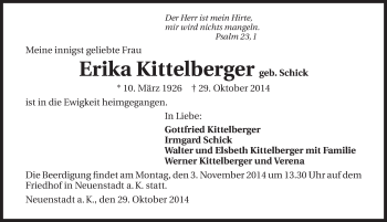 Traueranzeige von Erika Kittelberger 