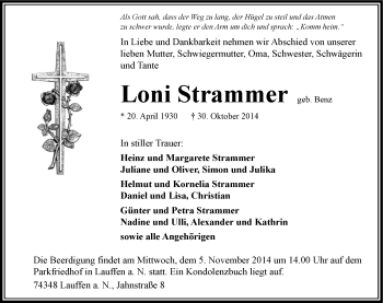 Traueranzeige von Loni Strammer 