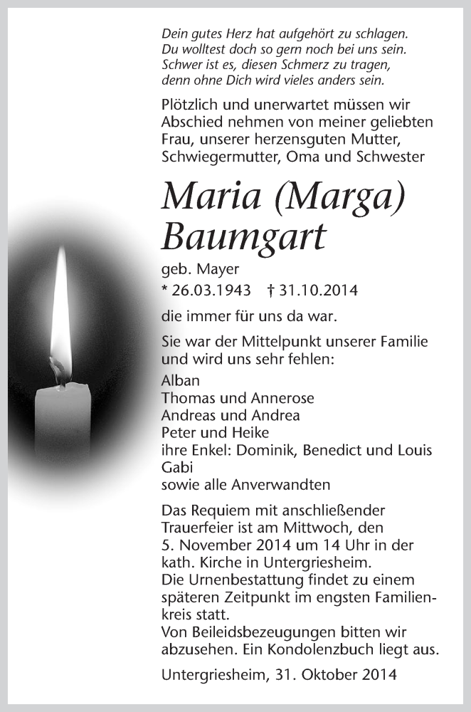  Traueranzeige für Maria Baumgart vom 03.11.2014 aus 