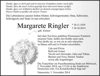 Traueranzeige von Margarete Ringler 