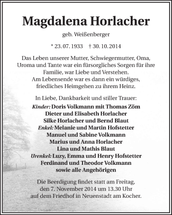 Traueranzeige von Magdalena Horlacher 