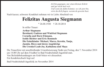 Traueranzeige von Felizitas Augusta Siegmann 