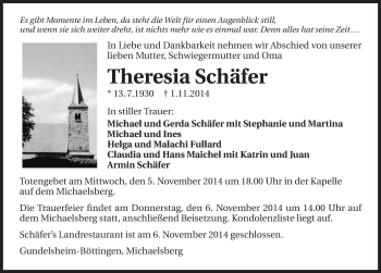 Traueranzeige von Theresia Schäfer 