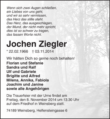 Traueranzeige von Jochen Ziegler 