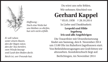 Traueranzeige von Gerhard Kappel 