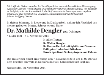 Traueranzeige von Mathilde Dengler 