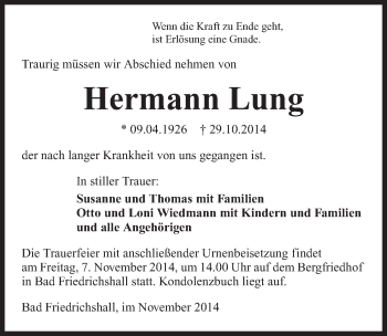 Traueranzeige von Hermann Lung 