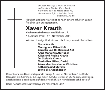 Traueranzeige von Xaver Krauth 