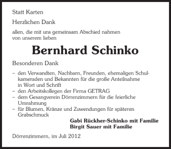 Traueranzeige von Bernhard Schinko 