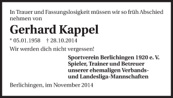 Traueranzeige von Gerhard Kappel 