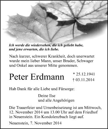 Traueranzeige von Peter Erdmann 