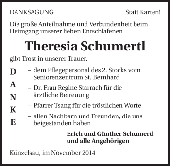 Traueranzeige von Theresia Schumertl 