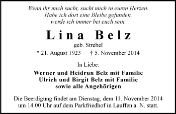 Traueranzeige von Lina Belz 