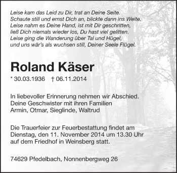 Traueranzeige von Roland Käser 