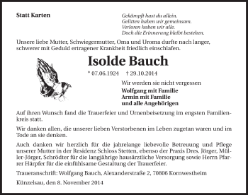 Traueranzeige von Isolde Bauch 