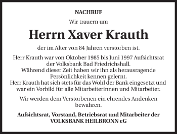 Traueranzeige von Xaver Krauth 