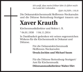 Traueranzeige von Xaver Krauth 