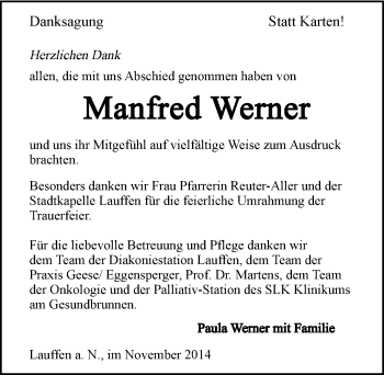 Traueranzeige von Manfred Werner 