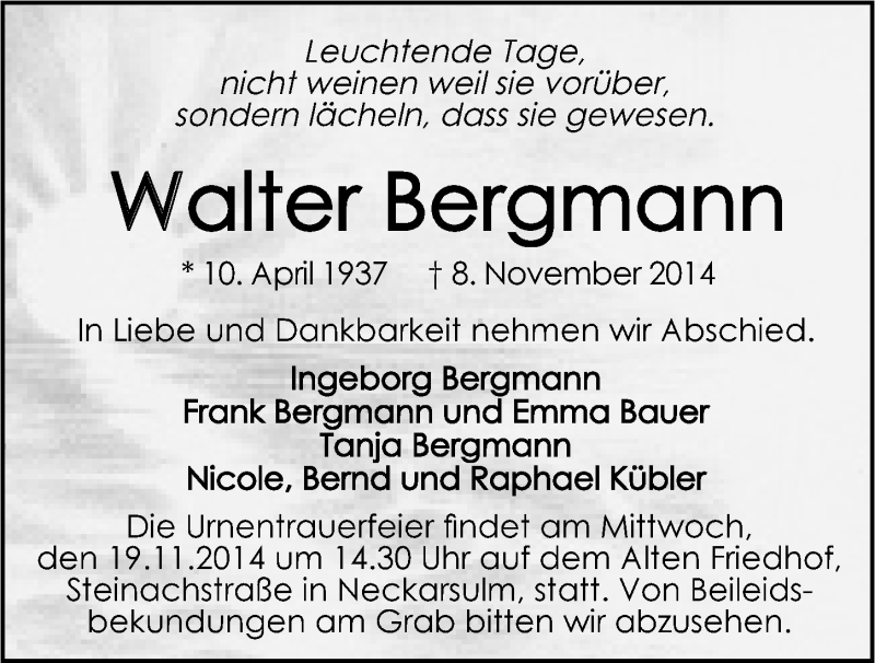  Traueranzeige für Walter Bergmann vom 15.11.2014 aus 