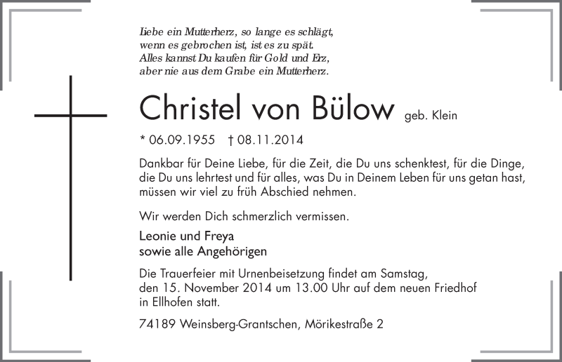  Traueranzeige für Christel von Bülow vom 11.11.2014 aus 