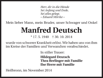 Traueranzeige von Manfred Deutsch 