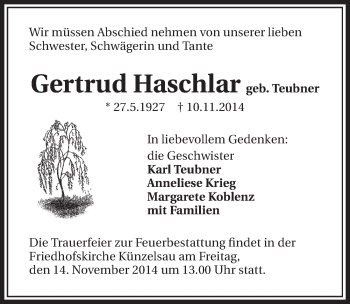 Traueranzeige von Gertrud Haschlar 