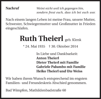 Traueranzeige von Ruth Theierl 