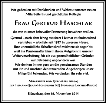 Traueranzeige von Gertrud Haschlar 