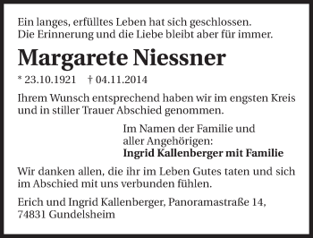 Traueranzeige von Margarete Niessner 