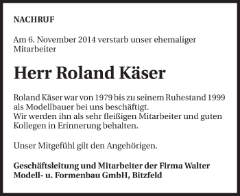 Traueranzeige von Roland Käser 