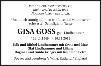 Traueranzeige von Gisa Goss 